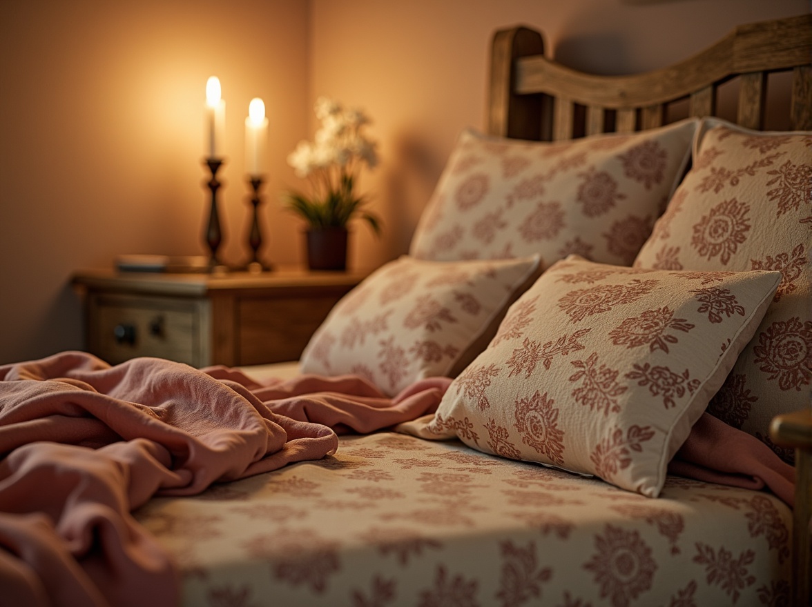 Prompt: Soft candlelight, warm beige walls, rich velvet fabrics, delicate lace details, pastel pink hues, muted gold accents, distressed wood furniture, vintage floral patterns, whimsical script typography, dreamy misty atmosphere, warm golden lighting, shallow depth of field, 1/1 composition, intimate close-up shots, realistic textures, ambient occlusion.