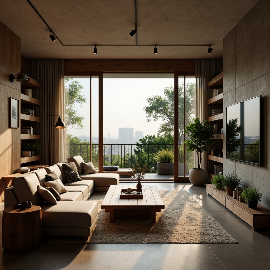 Prompt: Cozy living room, comfortable sofas, wooden coffee tables, soft cushions, warm lighting, modern minimalist decor, functional shelving units, sleek TV stands, spacious open-plan layout, natural stone flooring, earthy color palette, lush greenery, floor-to-ceiling windows, sliding glass doors, panoramic city views, 1/1 composition, shallow depth of field, realistic textures, ambient occlusion.