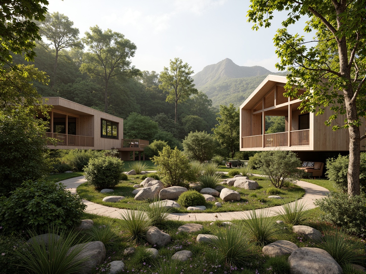 Prompt: Seamless landscape integration, blending architecture with nature, lush greenery, native plants, meandering pathways, natural stone walls, wooden decks, cantilevered structures, organic forms, earthy tones, sustainable materials, eco-friendly design, minimal environmental impact, serene atmosphere, soft warm lighting, shallow depth of field, 3/4 composition, panoramic view, realistic textures, ambient occlusion.