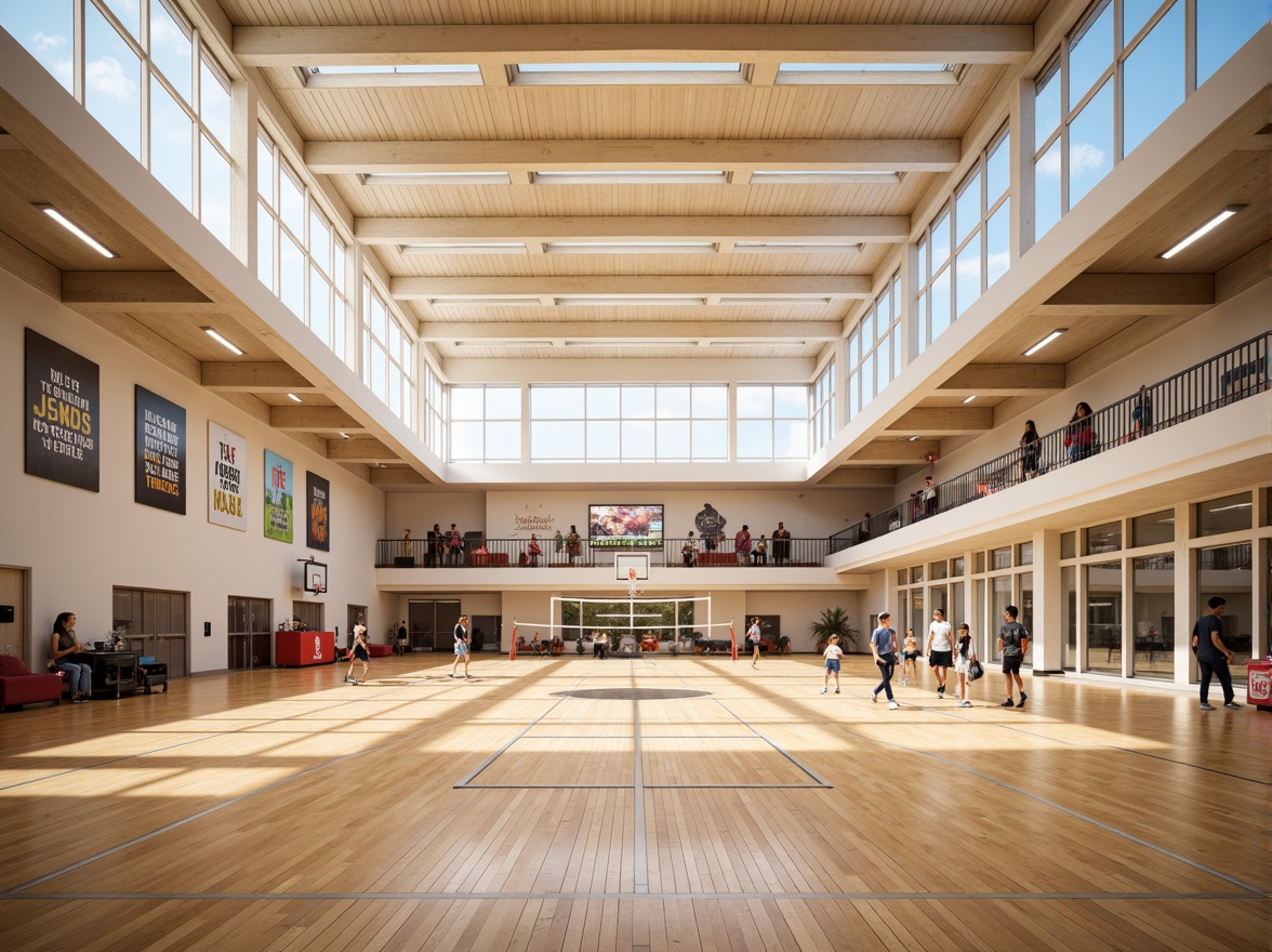 Prompt: Spacious gymnasium interior, high ceilings, clerestory windows, natural light pouring in, athletic equipment, basketball hoops, volleyball nets, exercise machines, wooden flooring, modern architecture, minimalist design, bright color scheme, motivational quotes, inspirational posters, large mirrors, open spaces, airy atmosphere, soft warm lighting, shallow depth of field, 3/4 composition, panoramic view, realistic textures, ambient occlusion.