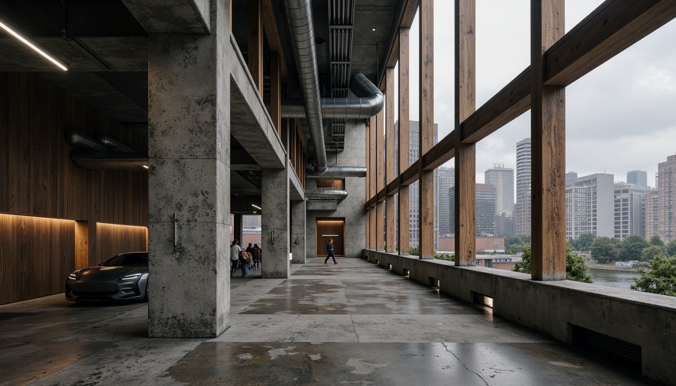 Prompt: Rough-hewn concrete walls, brutalist architecture, industrial textures, exposed ductwork, raw steel beams, distressed wood accents, urban cityscape, overcast skies, dramatic shadows, high-contrast lighting, cinematic composition, 2.35