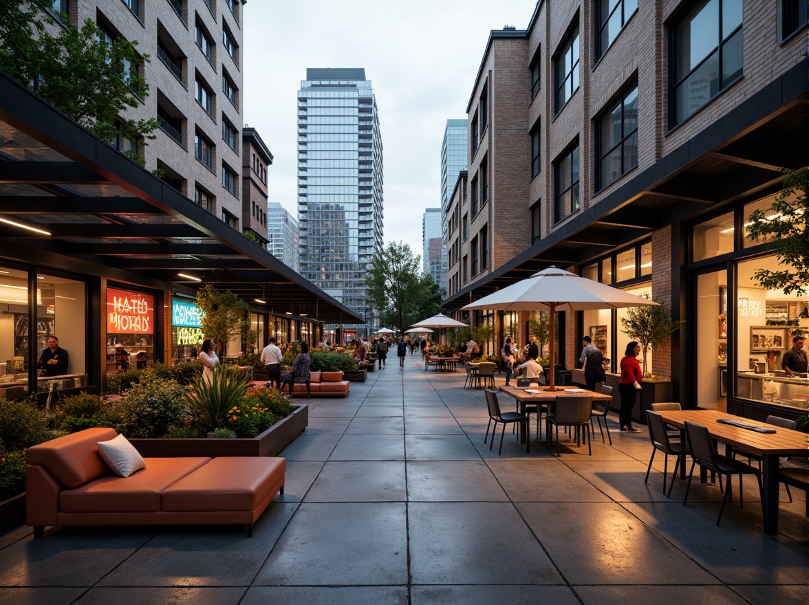 Prompt: Monochromatic modern market, sleek glass roofs, polished metal accents, industrial chic concrete floors, reclaimed wood textures, vibrant neon signage, eclectic mix of vintage and contemporary furniture, urban cityscape backdrop, overcast sky with soft warm lighting, shallow depth of field, 1/1 composition, realistic reflections, ambient occlusion.