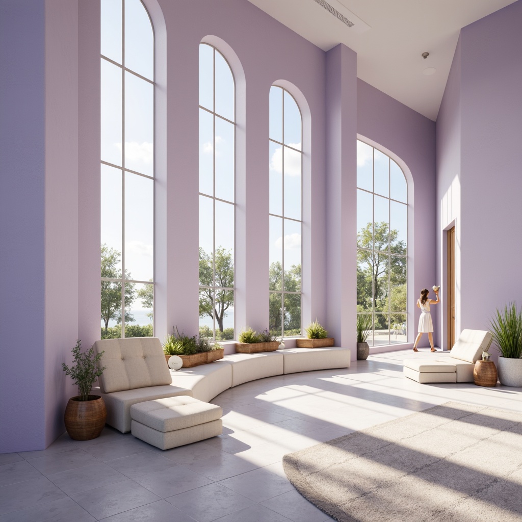 Prompt: Soft lavender blue hues, calming atmosphere, serene architectural design, gentle curves, rounded edges, soothing color scheme, pastel shades, creamy whites, warm beige accents, natural stone textures, wooden elements, minimalist decor, cozy reading nooks, floor-to-ceiling windows, abundant natural light, softbox lighting, shallow depth of field, 1/1 composition, intimate scale, peaceful ambiance, subtle gradient effects.