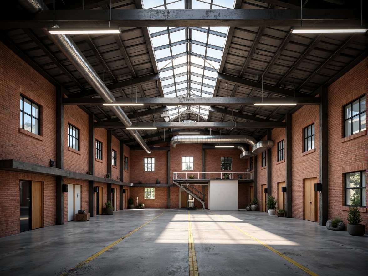 Prompt: Industrial warehouse interior, exposed ductwork, metal beams, concrete floors, rustic brick walls, high ceilings, natural light pouring through skylights, warm ambient lighting, softbox lights, task lamps, suspended linear fixtures, LED strips, diffused shadows, subtle color temperature, 1/2 composition, shallow depth of field, realistic textures, ambient occlusion.