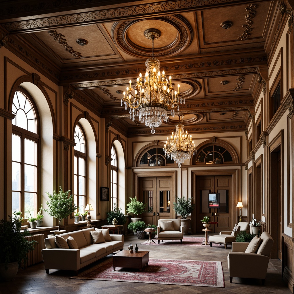 Prompt: Renaissance-style apartments, ornate ceiling decorations, intricate moldings, luxurious chandeliers, crystal droplets, golden accents, rich wood tones, coffered ceilings, barrel vaults, decorative arches, soft warm lighting, ambient shadows, 3/4 composition, realistic textures, subtle color palette, elegant furnishings, refined interior design, sophisticated ambiance, upscale living spaces.