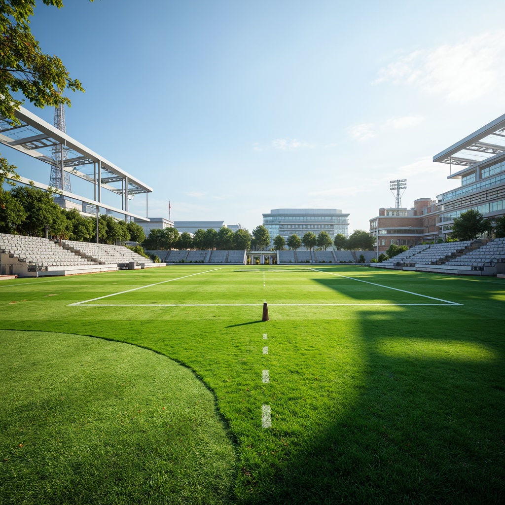 Prompt: Vibrant sports field, lush green grass, undulating terrain, meandering pathways, organic curves, futuristic architecture, sleek metal bleachers, transparent roofs, angular lines, minimalist design, sustainable energy solutions, solar panels, wind turbines, water conservation systems, green roofs, eco-friendly materials, innovative cooling technologies, shaded outdoor spaces, misting systems, dynamic lighting, 3/4 composition, panoramic view, realistic textures, ambient occlusion.