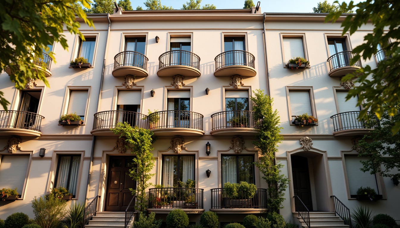 Prompt: Whimsical apartment building, ornate facades, soft pastel colors, delicate ironwork, curved balconies, romantic-era inspired architecture, lush greenery, climbing vines, flower-filled window boxes, warm golden lighting, shallow depth of field, 1/1 composition, intimate close-up shots, realistic textures, ambient occlusion, ornamental details, intricate stonework, decorative cornices, elegant entranceways.