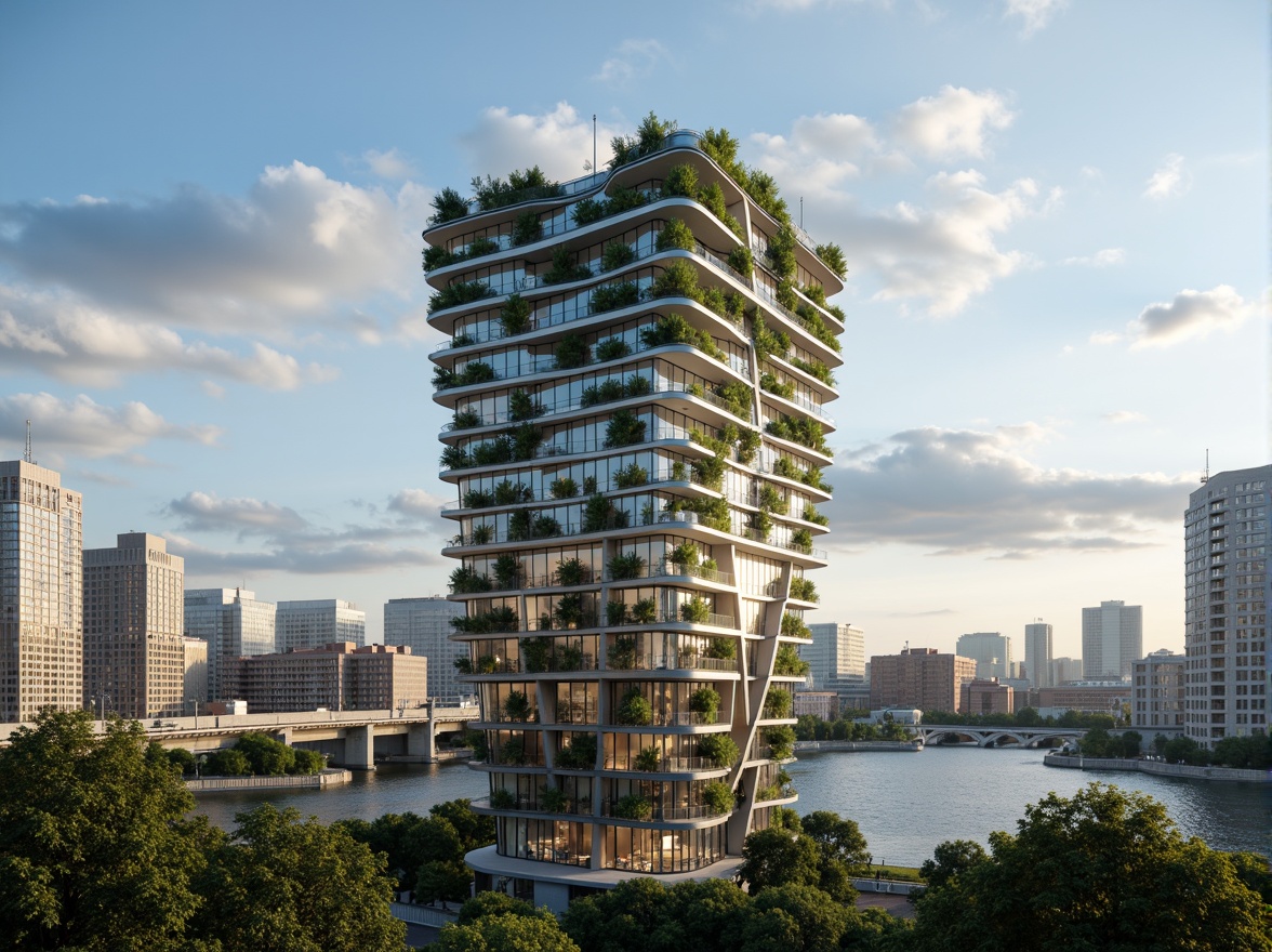 Prompt: Eco-friendly skyscraper, green roofs, solar panels, wind turbines, rainwater harvesting systems, grey water reuse, high-performance glazing, natural ventilation, double-glazed windows, low-E glass, LED lighting, occupancy sensors, energy-efficient elevators, recyclable materials, minimized waste, maximized daylight, optimized floor plates, cantilevered structures, aerodynamic shapes, urban wind farms, vertical gardens, living walls, bio-inspired facades, futuristic architecture, sleek metallic surfaces, angular lines, minimalist design, panoramic city views, dramatic cloud formations, soft warm lighting, shallow depth of field, 3/4 composition.