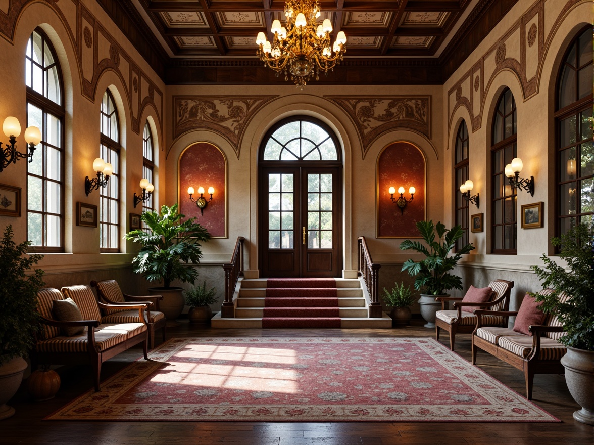 Prompt: Grand entrance, ornate archways, rustic stone walls, wooden accents, elegant chandeliers, fresco ceilings, intricate moldings, luxurious carpets, vintage-style signage, antique bronze hardware, ornamental columns, grand staircases, majestic high ceilings, warm soft lighting, 1/1 composition, realistic textures, ambient occlusion, Renaissance-inspired patterns, rich jewel-toned colors, opulent fabrics, lavish decorations.