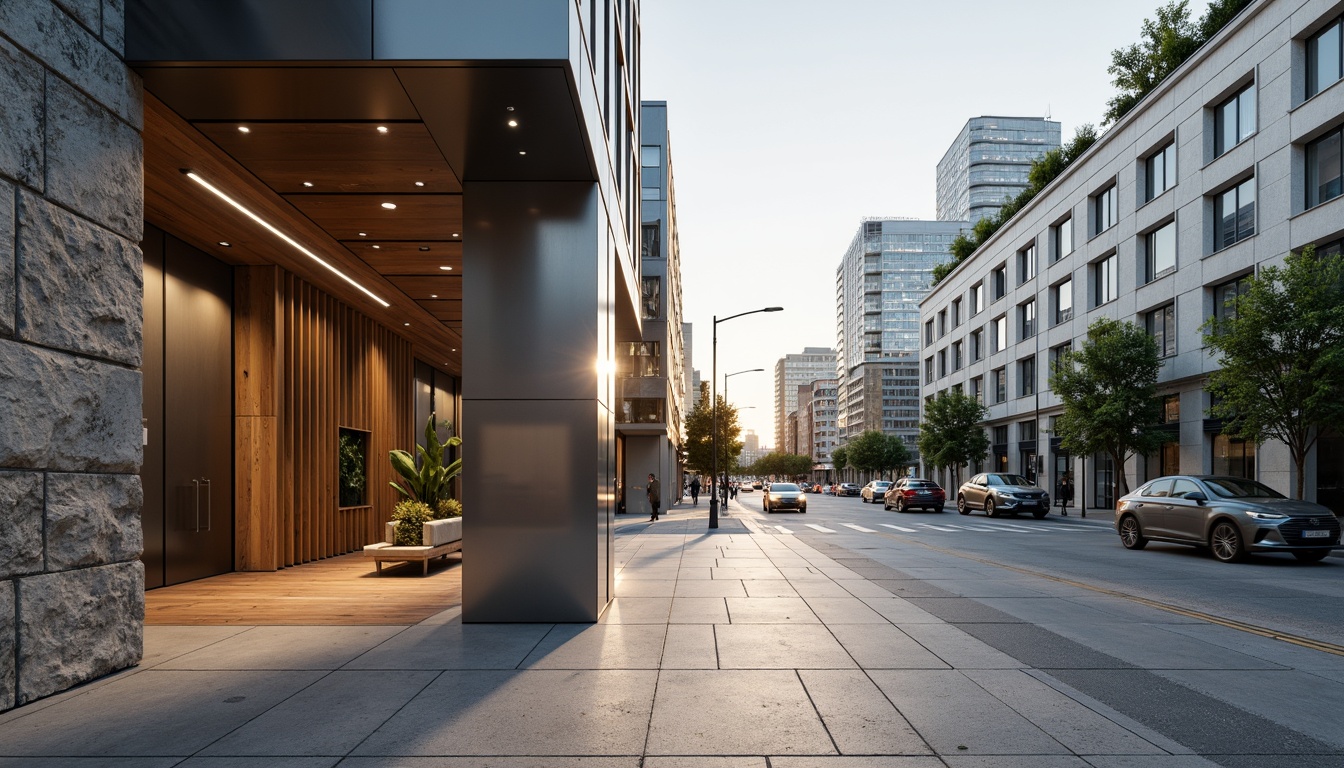 Prompt: Contemporary building facade, rough stone walls, smooth glass surfaces, metallic panels, wooden accents, industrial concrete floors, minimalist interior design, natural light pouring in, soft warm ambiance, shallow depth of field, 3/4 composition, realistic textures, ambient occlusion, urban cityscape, busy streets, modern skyscrapers, green roofs, sustainable architecture.