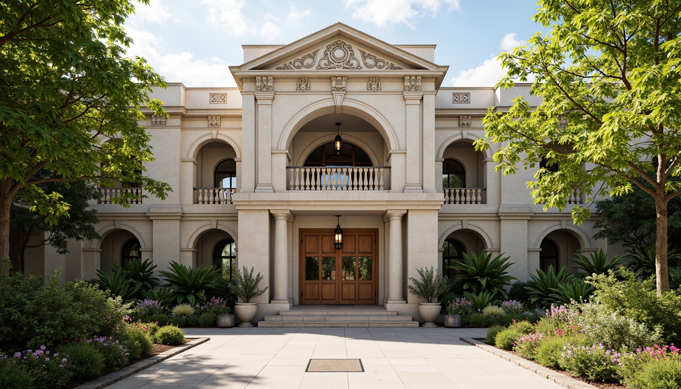 Prompt: Grand zoo entrance, neoclassical facade, ornate columns, carved stone details, symmetrical architecture, majestic archways, intricate moldings, rustic wooden doors, vintage metal lanterns, lush greenery, tropical plants, exotic flowers, sunny day, warm soft lighting, shallow depth of field, 3/4 composition, panoramic view, realistic textures, ambient occlusion.