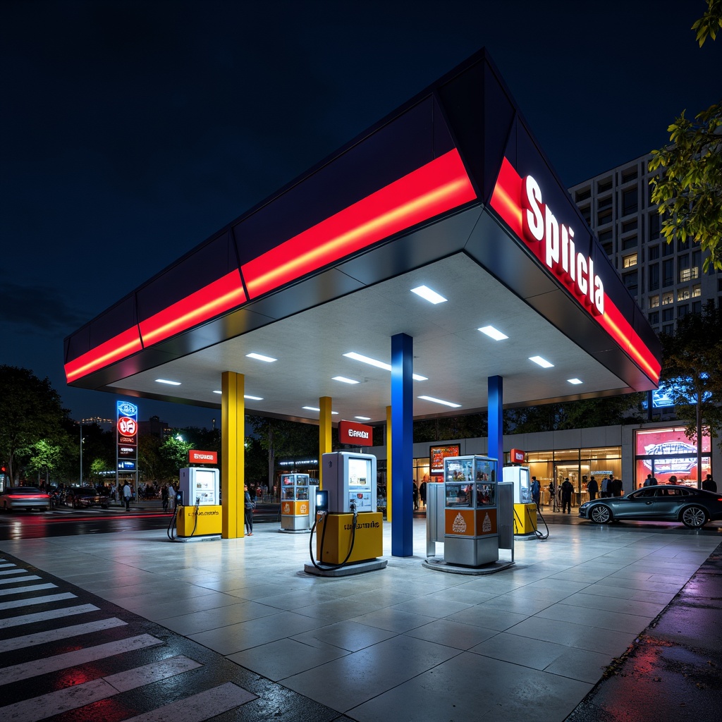 Prompt: Geometric gas station, bold primary colors, industrial materials, angular lines, minimalist design, cantilevered canopies, functional typography, urban landscape, busy streets, modern cityscape, dramatic nighttime lighting, high-contrast shadows, 1/1 composition, symmetrical framing, realistic reflections, ambient occlusion, futuristic fuel pumps, sleek metal accents, neon signage, retro-futuristic aesthetic.