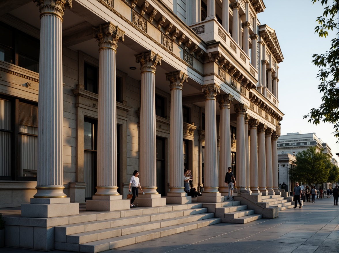 Prompt: Grand neoclassical building, ornate columns, intricately carved capitals, fluted shafts, ornamental pedestals, polished marble bases, symmetrical facade, rusticated quoins, arched windows, decorative cornices, classical pilasters, ornate friezes, sculpted metopes, triglyphs, acroteria, subtle warm lighting, shallow depth of field, 1/1 composition, realistic textures, ambient occlusion.