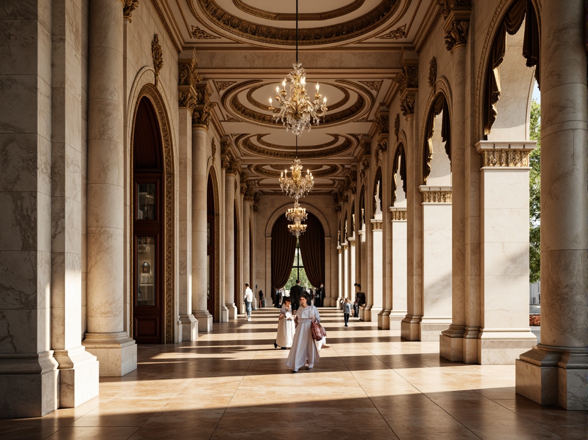 Prompt: Marble columns, ornate carvings, grand archways, symmetrical facades, rusticated bases, smooth limestone walls, intricate moldings, gilded details, velvet drapes, polished wooden floors, crystal chandeliers, soft warm lighting, shallow depth of field, 3/4 composition, panoramic view, realistic textures, ambient occlusion.