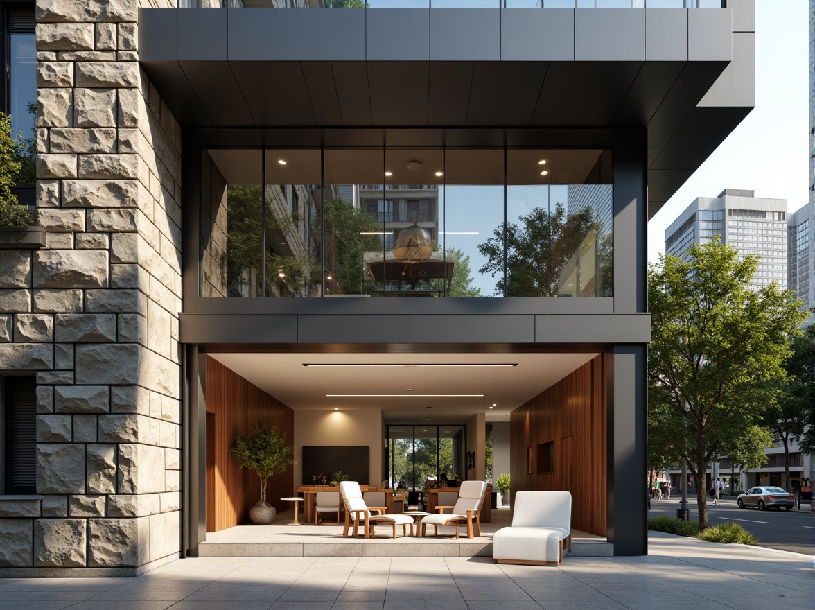 Prompt: Contemporary building facade, rough stone walls, smooth glass surfaces, metallic panels, wooden accents, industrial concrete floors, minimalist interior design, natural light pouring in, soft warm ambiance, shallow depth of field, 3/4 composition, realistic textures, ambient occlusion, urban cityscape, busy streets, modern skyscrapers, green roofs, sustainable architecture.