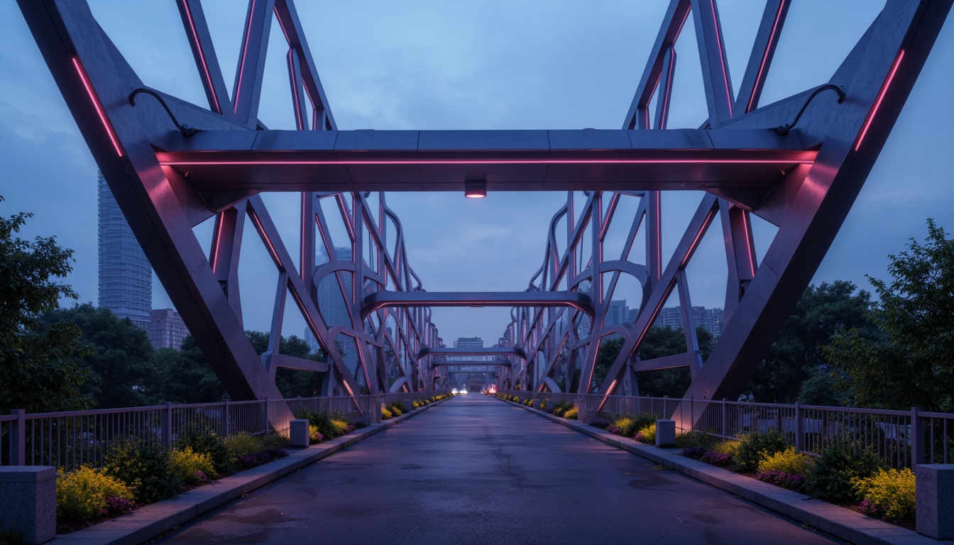 Prompt: Futuristic bridge architecture, sleek metal structures, neon-lit accents, vibrant LED lights, dark blues and purples, metallic silvers and chromes, high-gloss finishes, geometric patterns, angular lines, minimalist design, modern urban landscape, cityscape at dusk, misty atmosphere, soft warm lighting, shallow depth of field, 3/4 composition, panoramic view, realistic textures, ambient occlusion.