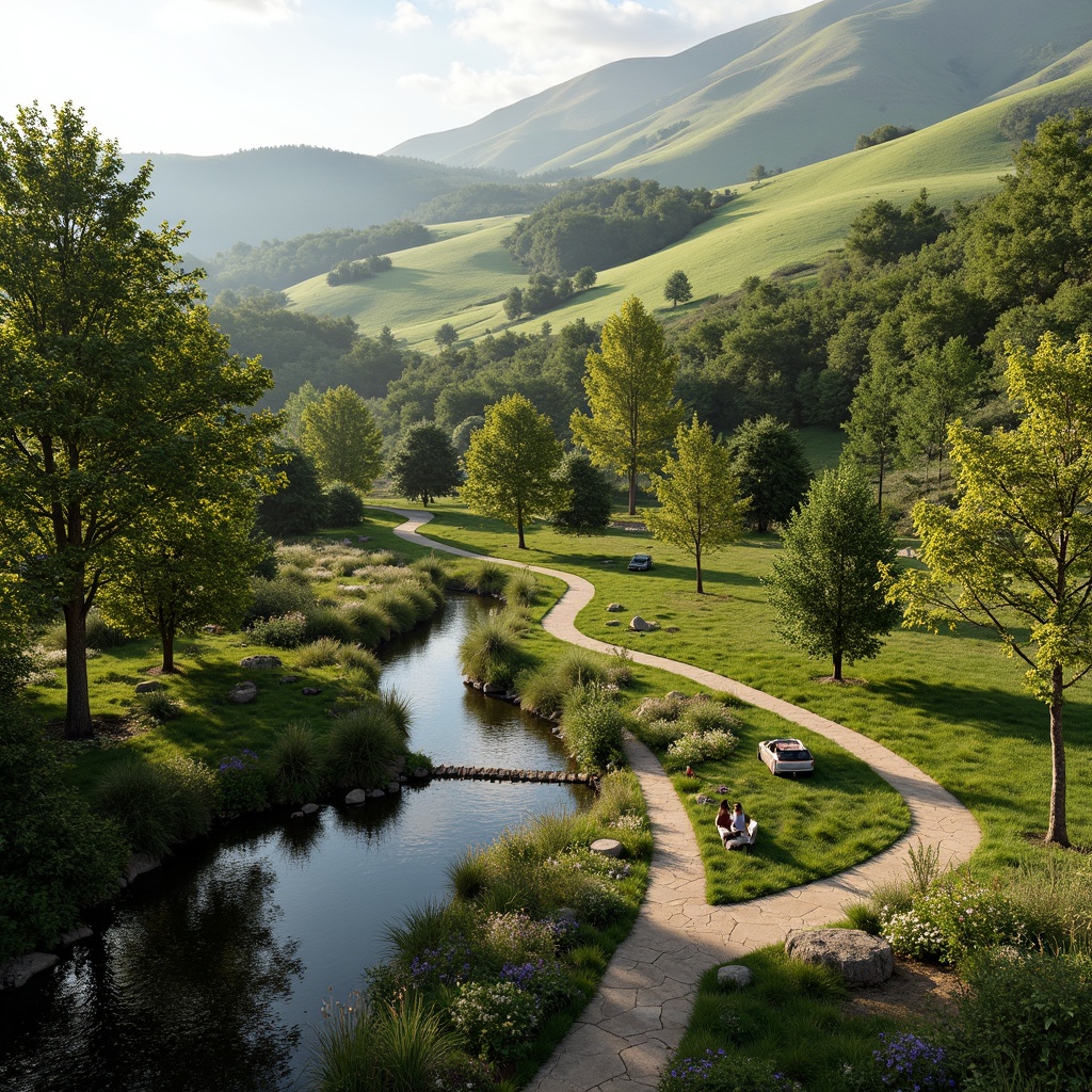 Prompt: Serene natural scenery, rolling hills, lush greenery, meandering water features, walking trails, wooden bridges, rustic benches, native plant species, organic shapes, earthy tones, blended boundaries, seamless transitions, soft warm lighting, atmospheric perspective, 1/2 composition, intimate scale, realistic textures, ambient occlusion.