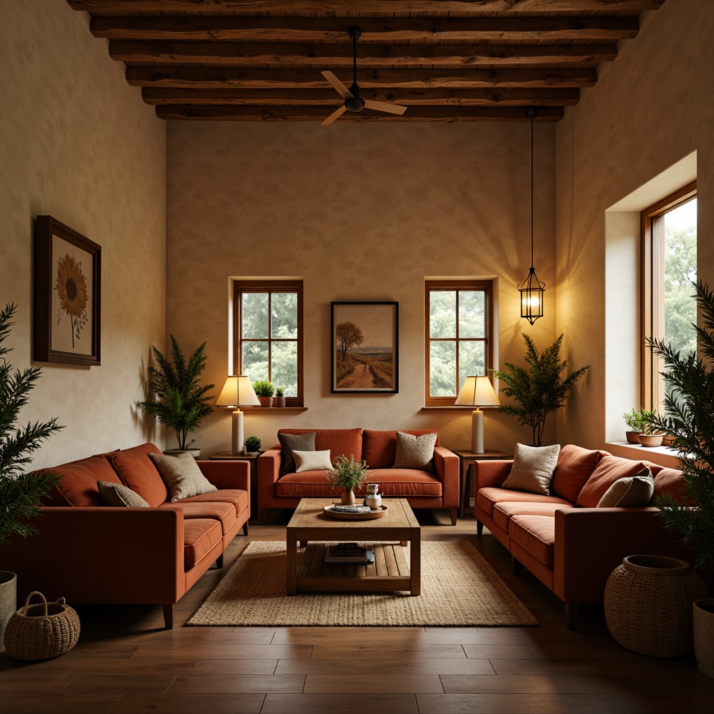 Prompt: Cozy living room, plush sofas, velvet armchairs, wooden coffee tables, soft cushions, warm lighting, intimate atmosphere, comfortable seating arrangement, harmonious color palette, natural textiles, woven baskets, potted plants, floor lamps, minimalist decor, calm ambiance, shallow depth of field, 1/1 composition, realistic rendering, ambient occlusion.