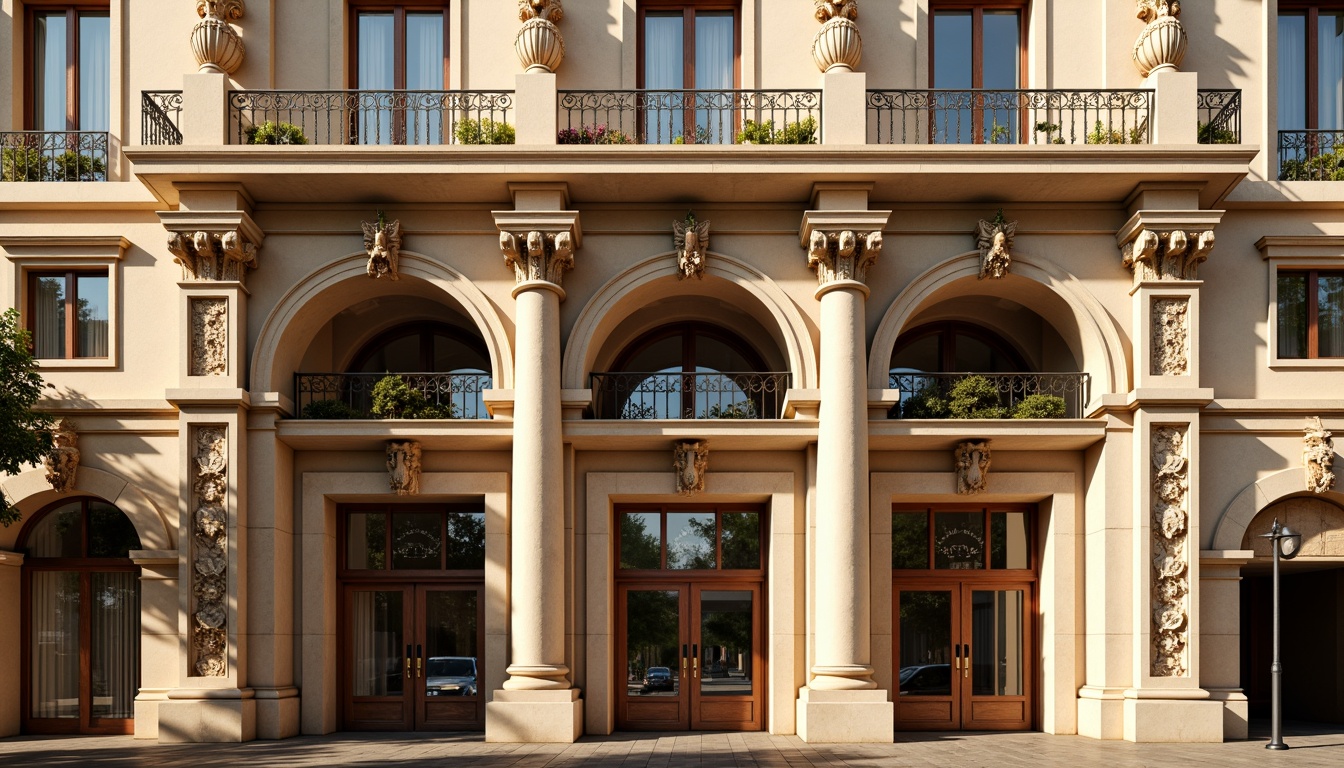 Prompt: Grandiose building facade, ornate stone carvings, classical columns, symmetrical composition, rusticated quoins, arched windows, balconies with intricate metalwork, ornamental cornices, decorative friezes, grand entranceways, imposing scale, warm beige stone, soft golden lighting, shallow depth of field, 1/1 composition, realistic textures, ambient occlusion.