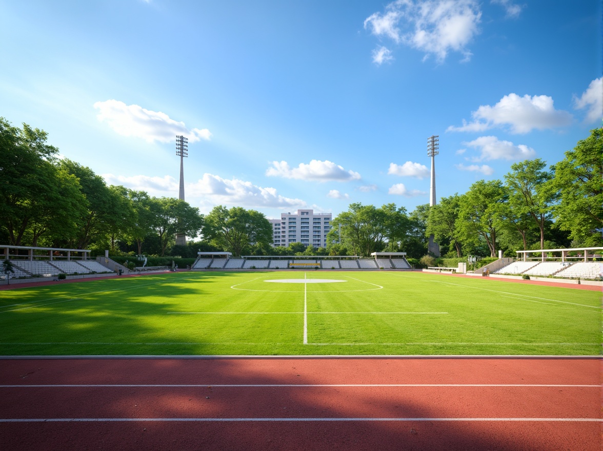 Prompt: Vibrant green grass, athletic tracks, bold white lines, bright yellow goalposts, sturdy metal fences, natural earthy tones, sunny day, clear blue sky, dynamic shadows, realistic textures, ambient occlusion, 3/4 composition, panoramic view, modern sports architecture, sleek stadium design, innovative lighting systems.