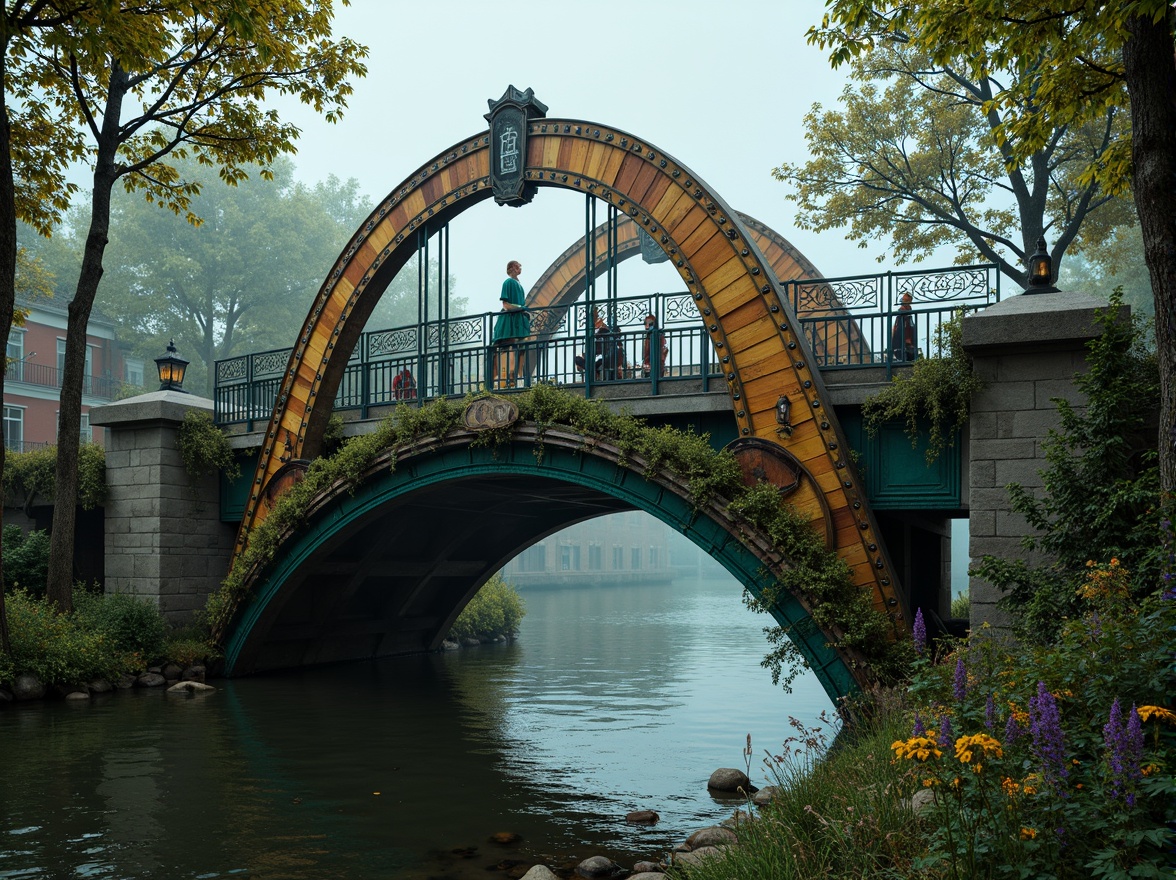 Prompt: Vibrant eclectic bridge, bold steel arches, rustic wooden accents, distressed metal textures, ornate Victorian details, whimsical Art Nouveau patterns, rich jewel-toned colors, emerald green, sapphire blue, amethyst purple, warm golden lighting, dramatic shadows, misty atmospheric effects, soft focus, 1/2 composition, cinematic framing, intricate stonework, ornamental railings, lush ivy-covered abutments, serene riverbank setting, overcast sky, subtle foggy atmosphere.