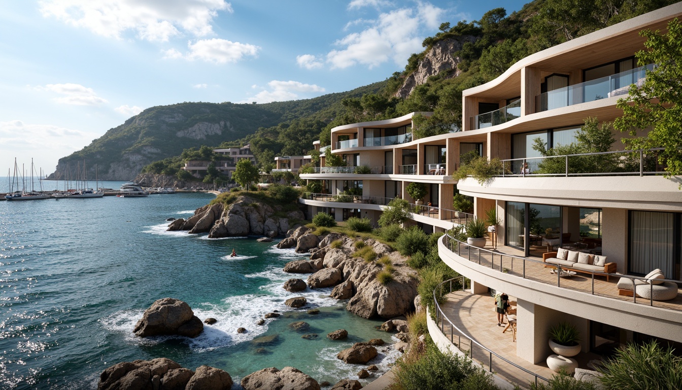 Prompt: Seaside cliffside, rugged rock formations, crashing ocean waves, salty sea air, beachside promenade, weathered wooden piers, sailboat-filled marina, modern coastal architecture, curved lines, green roofs, solar panels, wind turbines, eco-friendly materials, large windows, sliding glass doors, natural ventilation systems, open-plan living spaces, minimalist interior design, driftwood-inspired furniture, ocean-blue color palette, soft warm lighting, shallow depth of field, 3/4 composition, panoramic view, realistic textures, ambient occlusion.