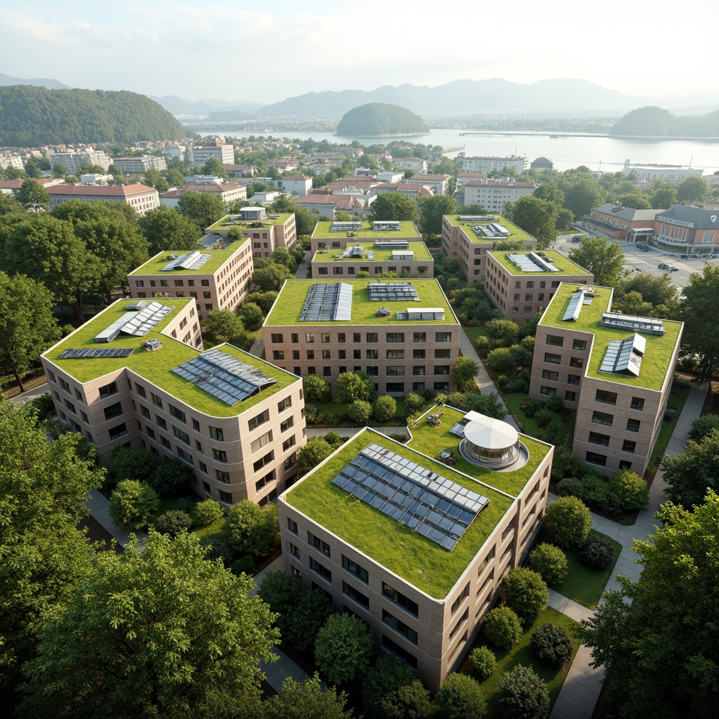 Prompt: Eco-friendly buildings, green roofs, living walls, solar panels, wind turbines, rainwater harvesting systems, natural ventilation, recycled materials, minimalist design, organic shapes, earthy tones, lush vegetation, serene atmosphere, soft diffused lighting, shallow depth of field, 3/4 composition, panoramic view, realistic textures, ambient occlusion.