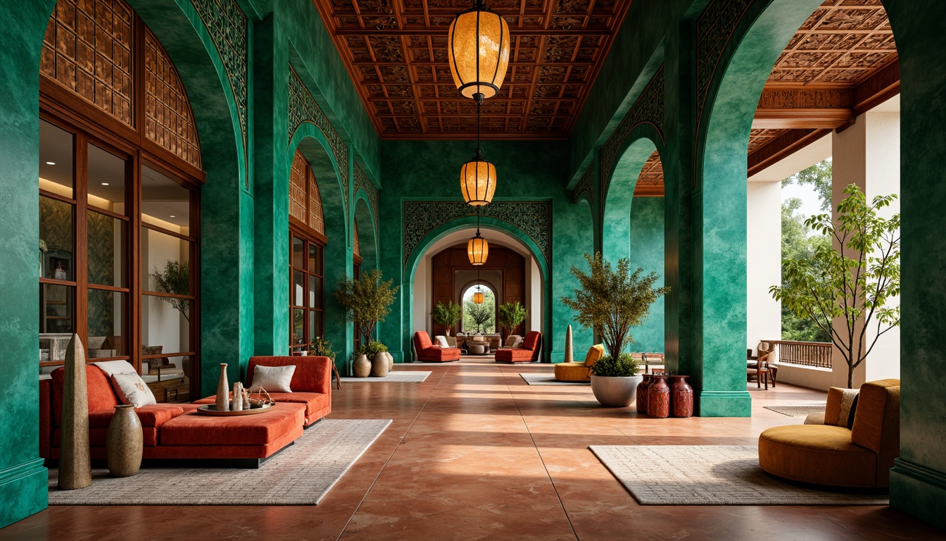 Prompt: Rich malachite green walls, ornate copper accents, earthy terracotta floors, natural stone textures, intricate geometric patterns, Moroccan-inspired arches, vibrant turquoise highlights, luxurious velvet fabrics, warm golden lighting, shallow depth of field, 1/1 composition, realistic reflections, ambient occlusion, modern eclectic architecture, boutique hotel lobby, upscale residential interior, exotic Middle Eastern influences.