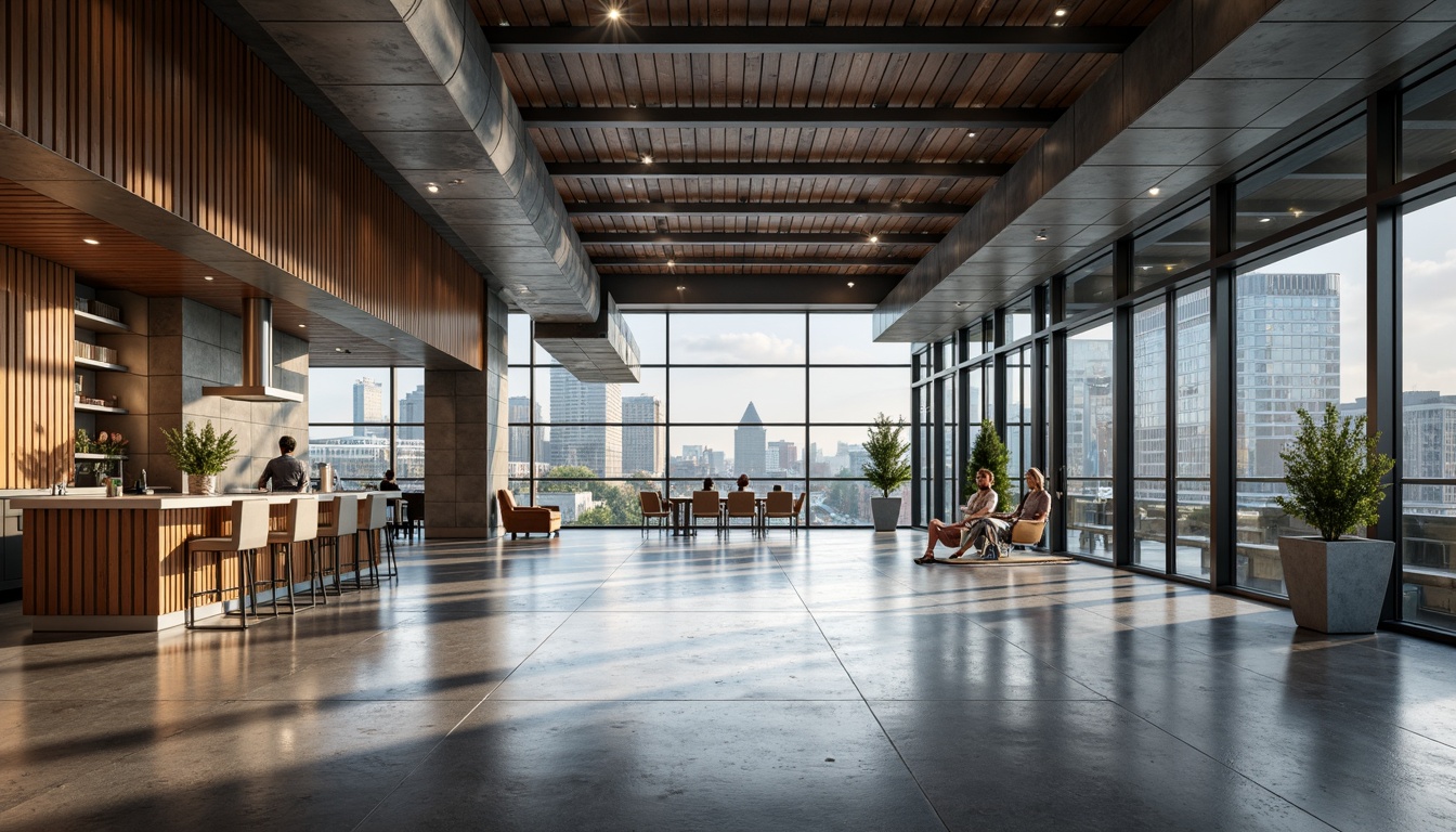 Prompt: Polished concrete floors, exposed brick walls, metallic cladding, glass facades, wooden accents, industrial pipes, minimalist decor, sleek lines, modern urban landscape, city skyscrapers, busy streets, natural light, soft shadows, 1/1 composition, realistic reflections, ambient occlusion, detailed normal maps.