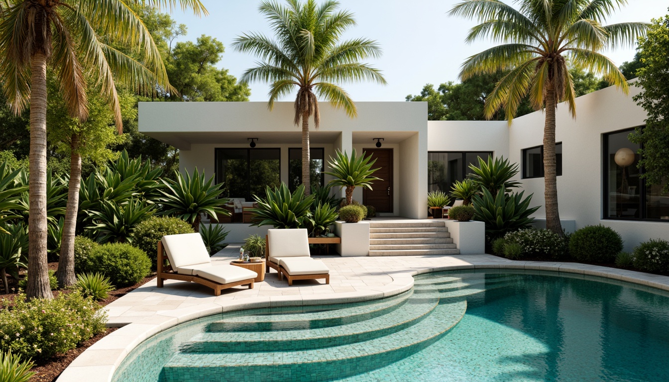 Prompt: Luxurious backyard oasis, Art Deco swimming pool, turquoise water, ornate tilework, geometric patterns, metallic accents, sun-kissed deck, comfortable lounge chairs, vibrant tropical plants, palm trees, warm sunny day, soft natural lighting, shallow depth of field, 1/1 composition, symmetrical architecture, elegant curves, luxurious outdoor furniture, ambient occlusion.