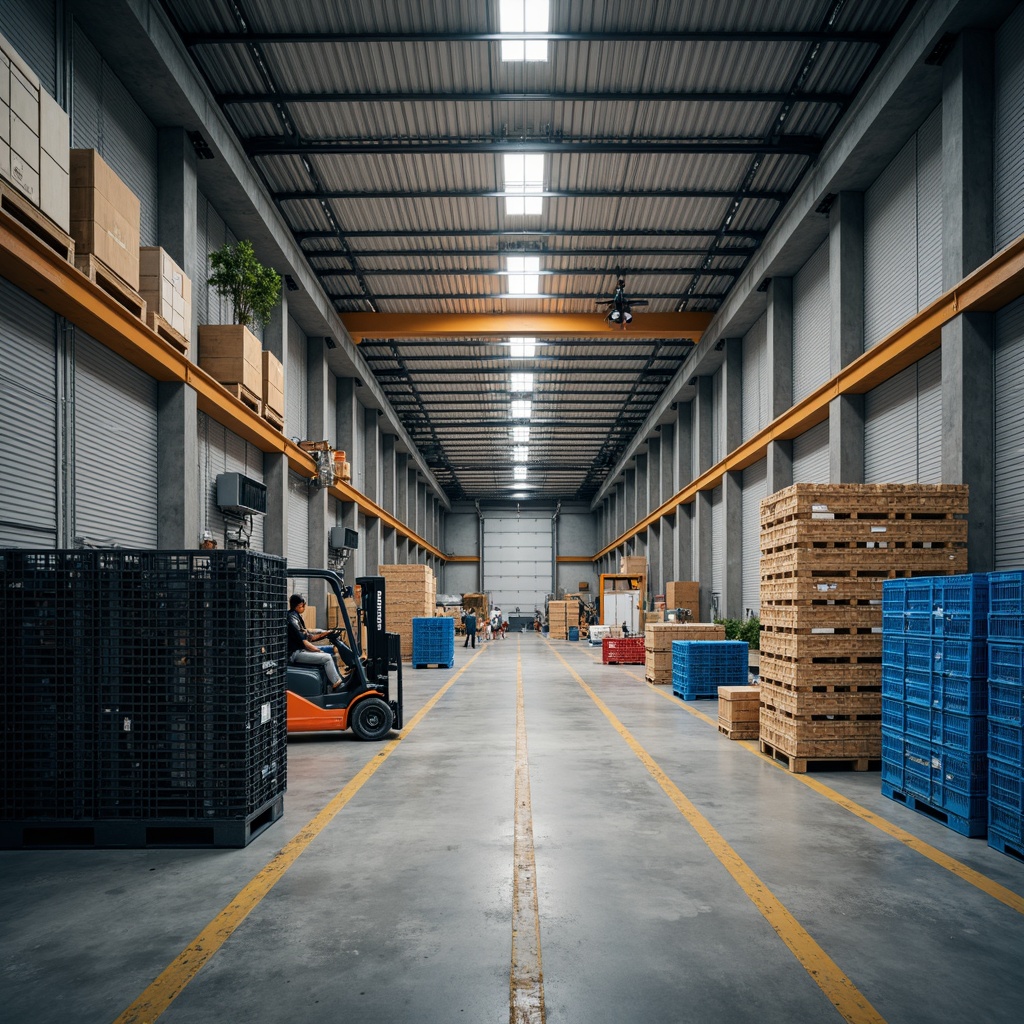 Prompt: Industrial warehouse, corrugated metal walls, polyethylene storage containers, stacked crates, forklifts, concrete floors, overhead cranes, fluorescent lighting, high ceilings, functional layout, modern industrial design, durable materials, weather-resistant coatings, reinforced structures, safety railings, efficient ventilation systems, natural light, 3/4 composition, shallow depth of field.