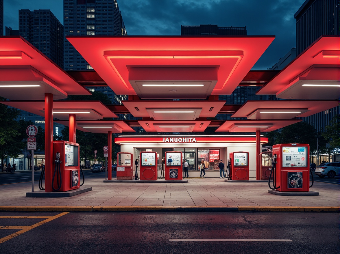 Prompt: Retro-futuristic gas station, bold primary colors, bright red pumps, sleek chrome accents, geometric shapes, angular lines, minimalist signage, neon lights, urban cityscape, busy streets, concrete roads, modernist architecture, brutalist design, industrial materials, metallic textures, high-contrast lighting, dramatic shadows, 1/1 composition, symmetrical framing, vibrant color grading, stylized reflections.