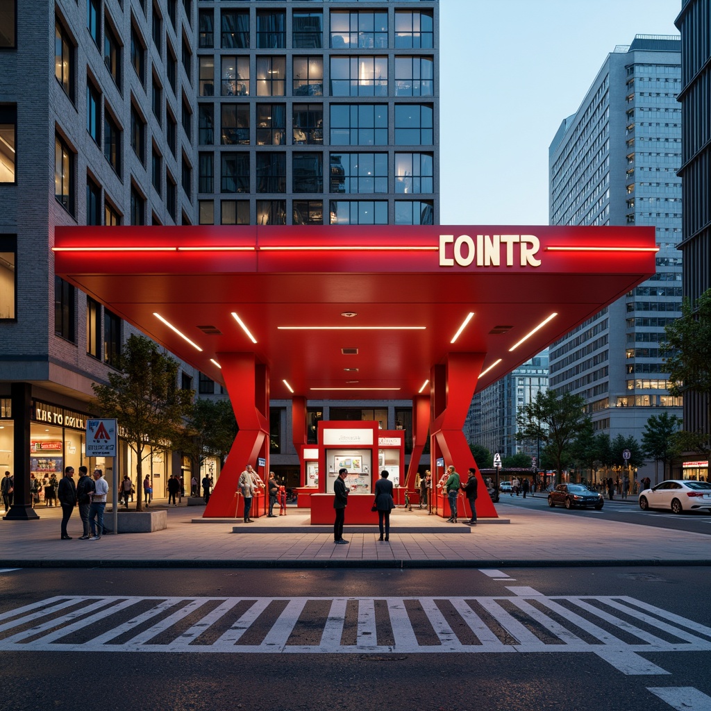 Prompt: Retro-futuristic gas station, bold primary colors, bright red pumps, sleek chrome accents, geometric shapes, angular lines, minimalist signage, neon lights, urban cityscape, busy streets, concrete roads, modernist architecture, brutalist design, industrial materials, metallic textures, high-contrast lighting, dramatic shadows, 1/1 composition, symmetrical framing, vibrant color grading, stylized reflections.