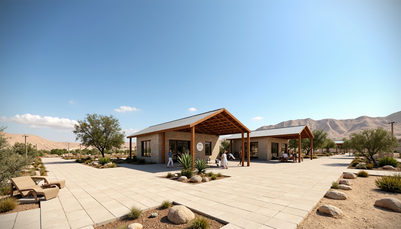 Prompt: Rustic gas station, natural stone walls, green roofs, solar panels, wind turbines, eco-friendly materials, modern minimalist architecture, angular lines, sleek metal canopies, shaded outdoor spaces, misting systems, desert landscape, sandy dunes, cactus plants, hot sunny day, clear blue sky, vast open space, integrated landscaping, native plant species, drought-resistant vegetation, efficient irrigation systems, scenic views, panoramic vistas, shallow depth of field, 3/4 composition, realistic textures, ambient occlusion.