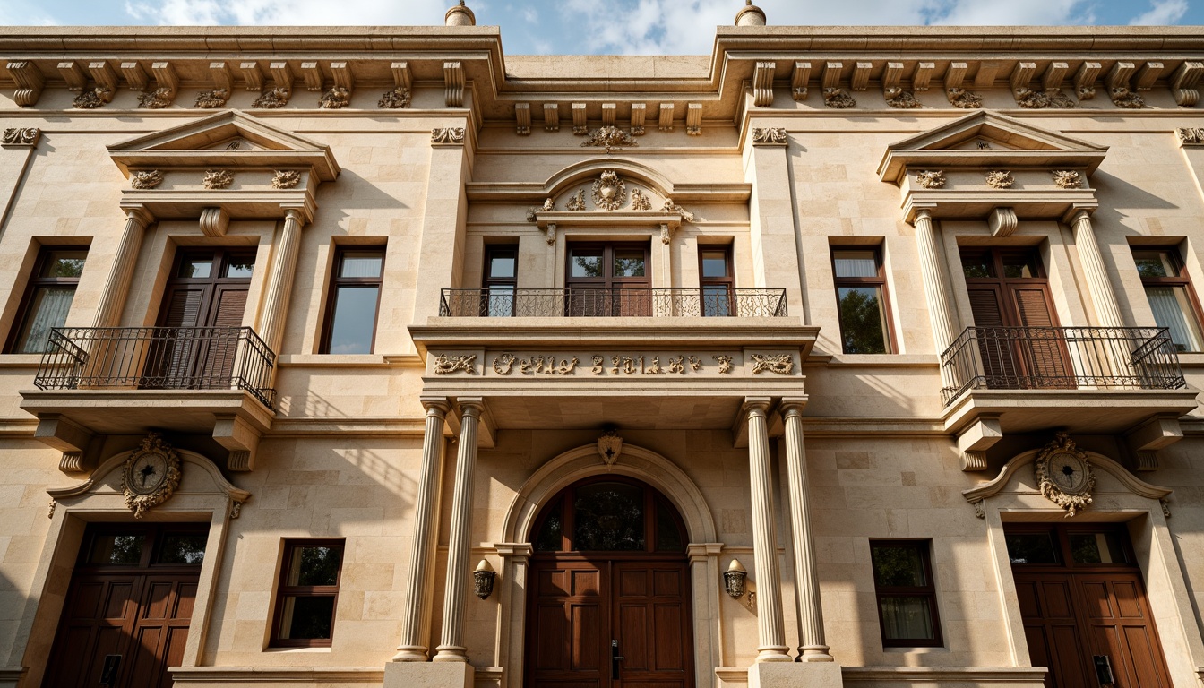 Prompt: Grandiose building facade, ornate stone carvings, classical columns, symmetrical composition, rusticated quoins, arched windows, balconies with intricate metalwork, ornamental cornices, decorative friezes, grand entranceways, imposing scale, warm beige stone, soft golden lighting, shallow depth of field, 1/1 composition, realistic textures, ambient occlusion.