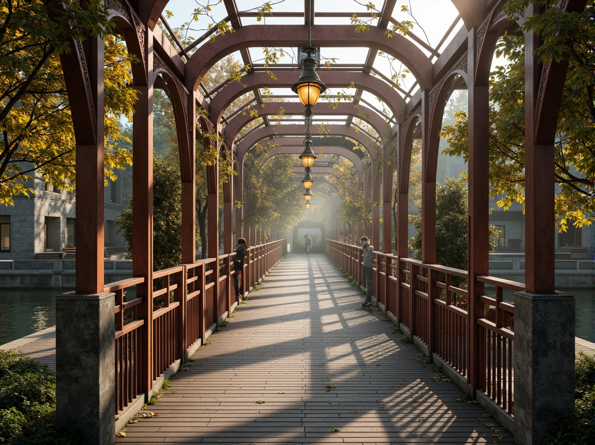 Prompt: Ornate pedestrian bridge, eclectic mix of materials, rusty metal beams, wooden planks, stone pillars, intricate ironwork, curved arches, ornamental lanterns, vibrant color scheme, bold geometric patterns, asymmetrical design, dynamic shapes, playful lighting fixtures, warm golden lighting, misty atmosphere, serene water reflections, lush greenery surroundings, natural stone walkways, 3/4 composition, shallow depth of field, realistic textures, ambient occlusion.