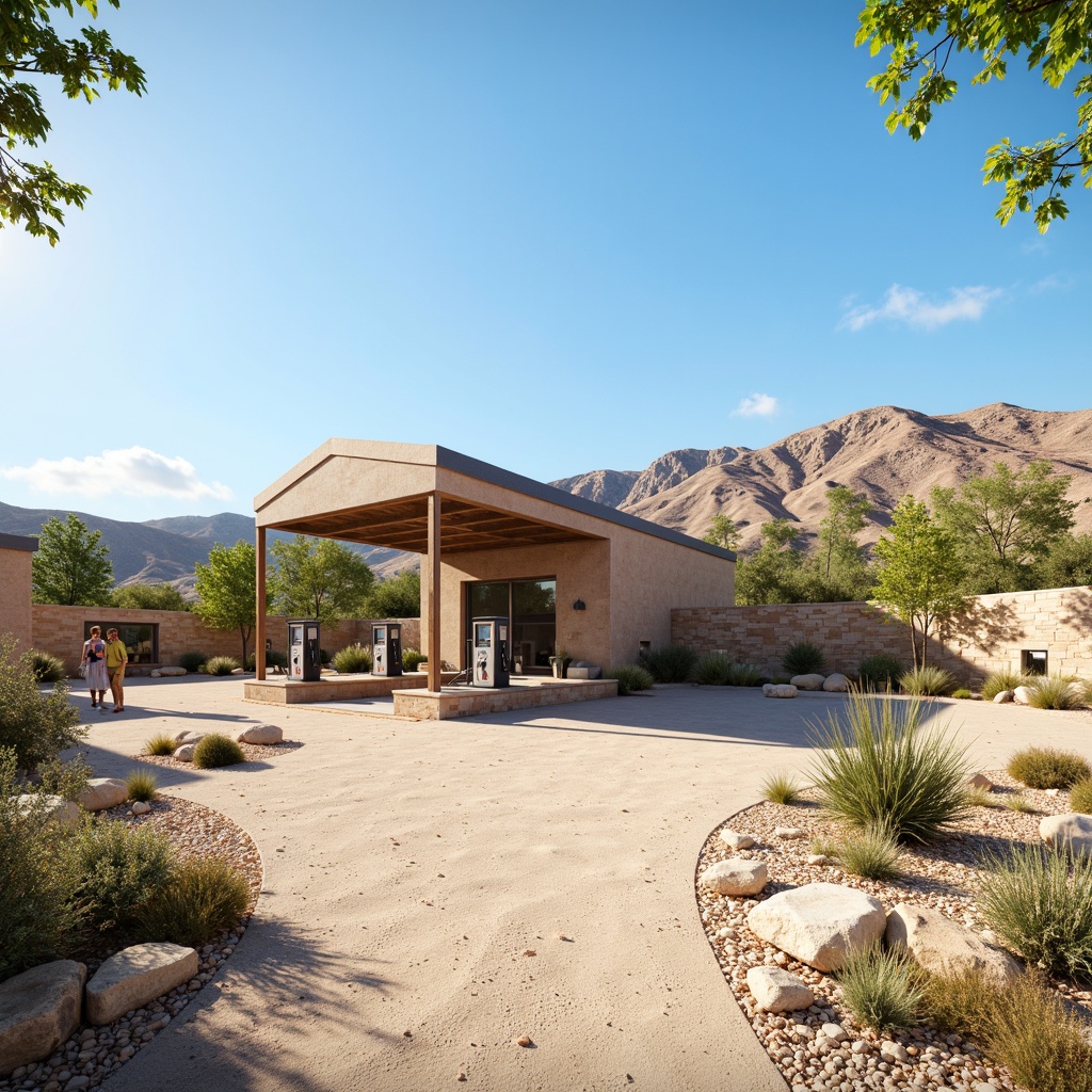 Prompt: Rustic gas station, natural stone walls, green roofs, solar panels, wind turbines, eco-friendly materials, modern minimalist architecture, angular lines, sleek metal canopies, shaded outdoor spaces, misting systems, desert landscape, sandy dunes, cactus plants, hot sunny day, clear blue sky, vast open space, integrated landscaping, native plant species, drought-resistant vegetation, efficient irrigation systems, scenic views, panoramic vistas, shallow depth of field, 3/4 composition, realistic textures, ambient occlusion.