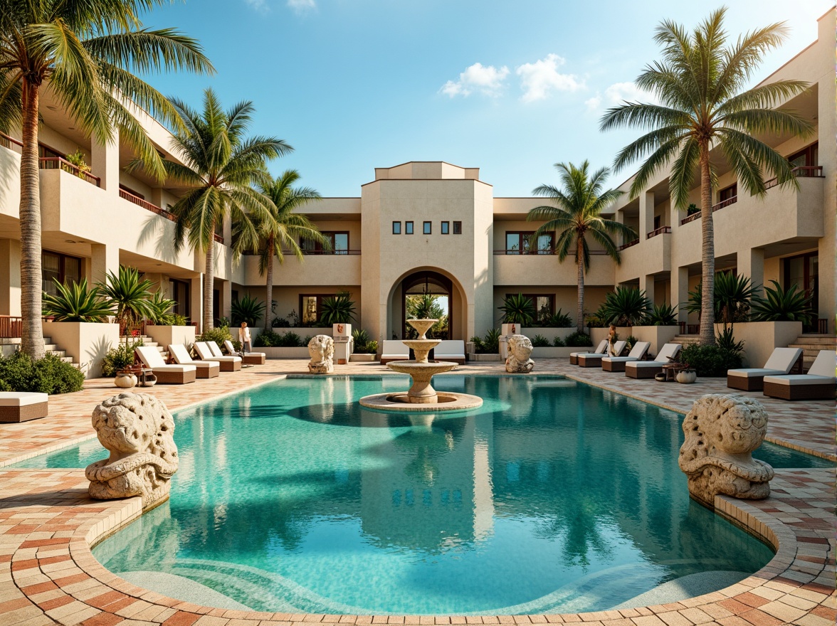 Prompt: Luxurious Art Deco swimming pool, turquoise water, ornate fountain, sculpted stone statues, mosaic tile flooring, geometric patterned coping, curved staircases, lavish cabanas, tropical palm trees, sunny day, warm golden lighting, shallow depth of field, 1/1 composition, symmetrical reflection, realistic water ripples, ambient occlusion.