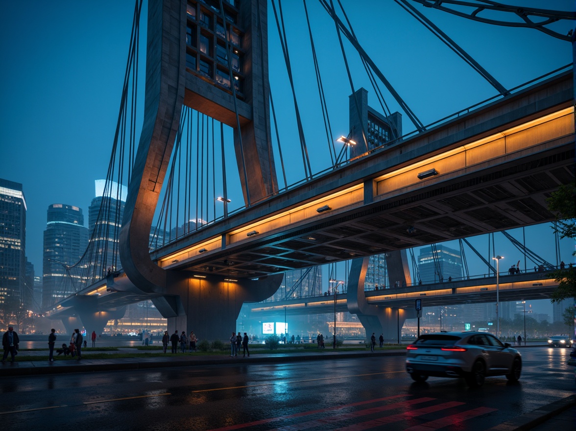 Prompt: Futuristic bridge architecture, sleek metal beams, suspension cables, angular piers, modern high-tech style, LED lighting systems, neon-lit nighttime scenes, urban cityscape, misty atmospheric effects, shallow depth of field, 3/4 composition, panoramic view, realistic metallic textures, ambient occlusion, reinforced concrete foundations, cantilevered sections, asymmetrical design, dynamic shapes, innovative materials, advanced engineering solutions, safety railings, pedestrian walkways, vehicle traffic lanes.