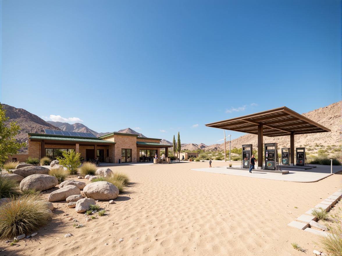 Prompt: Rustic gas station, natural stone walls, green roofs, solar panels, wind turbines, eco-friendly materials, modern minimalist architecture, angular lines, sleek metal canopies, shaded outdoor spaces, misting systems, desert landscape, sandy dunes, cactus plants, hot sunny day, clear blue sky, vast open space, integrated landscaping, native plant species, drought-resistant vegetation, efficient irrigation systems, scenic views, panoramic vistas, shallow depth of field, 3/4 composition, realistic textures, ambient occlusion.