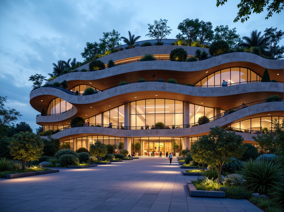 Prompt: Curved stadium facade, organic shapes, natural stone cladding, green roofs, lush vegetation, cantilevered structures, undulating lines, dynamic forms, futuristic architecture, sleek metal accents, transparent glass surfaces, vibrant LED lighting, evening ambiance, shallow depth of field, 1/1 composition, panoramic view, realistic textures, ambient occlusion.