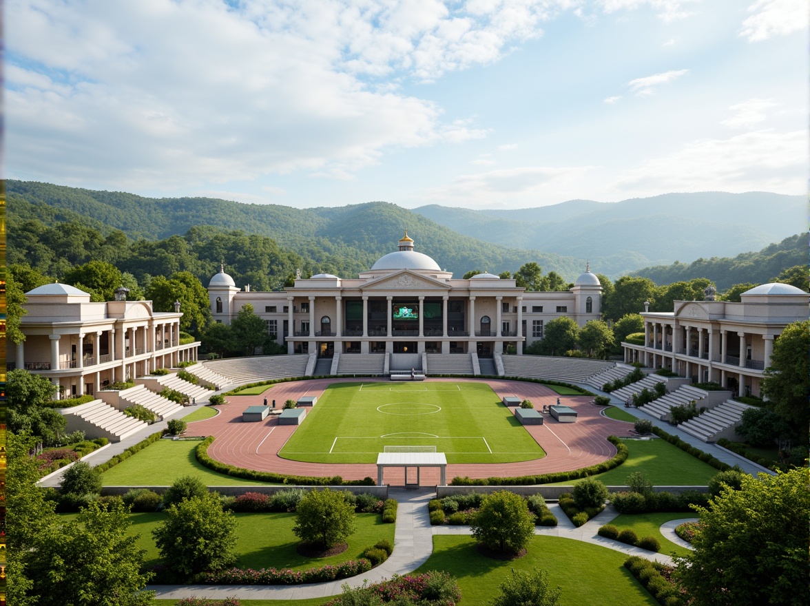 Prompt: Grand neoclassical soccer stadium, symmetrical fa\u00e7ade, ornate columns, arches, domed roof, lush greenery, vibrant flowers, rolling hills, natural stone walls, manicured lawns, walking paths, scenic overlooks, tranquil atmosphere, warm sunny day, soft diffused lighting, shallow depth of field, 3/4 composition, panoramic view, realistic textures, ambient occlusion, tiered seating, athletic track, soccer field, goalposts, scoreboard, stadium lights, grand entrance gates.