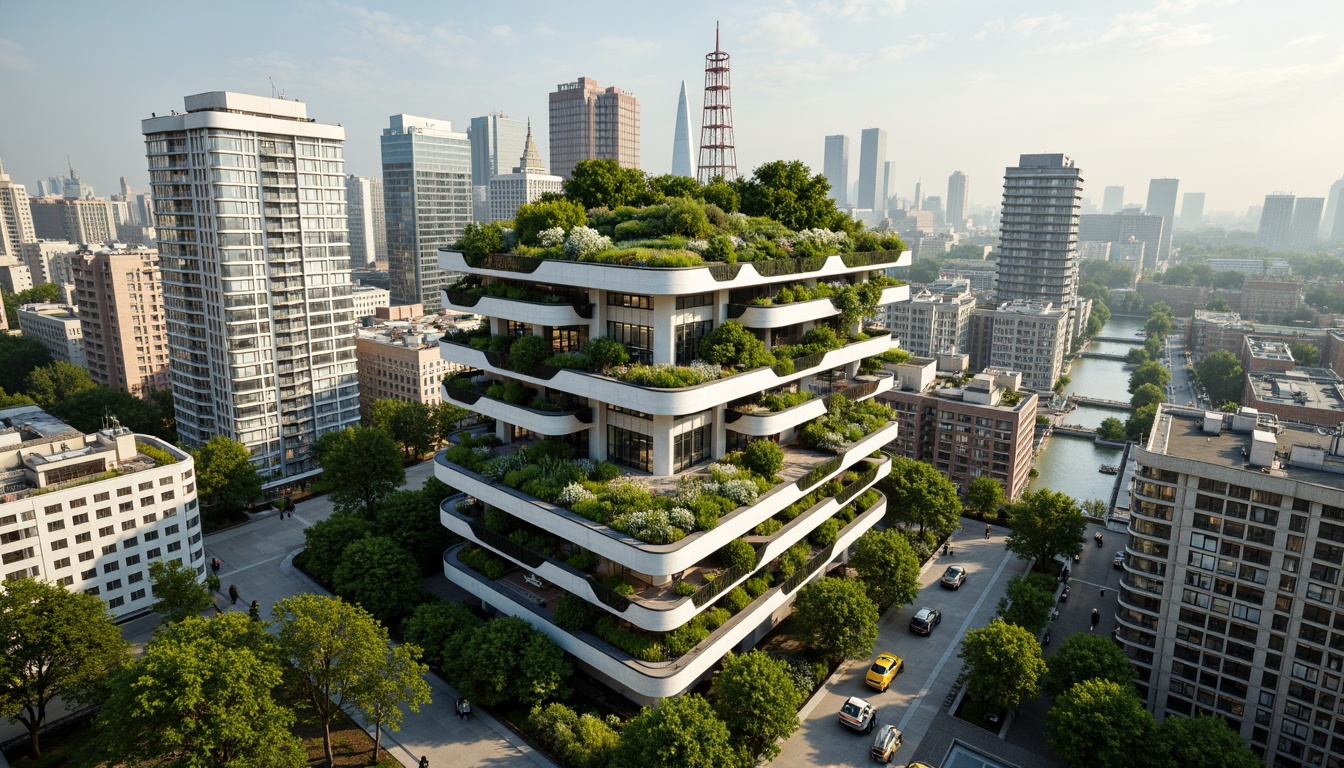 Prompt: Eco-friendly skyscraper, green roofs, solar panels, wind turbines, rainwater harvesting systems, recycled materials, minimalist design, natural ventilation, abundant daylight, living walls, urban agriculture, vertical farming, futuristic architecture, sleek metal fa\u00e7ades, double glazing, low-carbon footprint, energy-efficient systems, sustainable water management, waste reduction strategies, biophilic design elements, organic shapes, vibrant greenery, blooming flowers, sunny day, soft warm lighting, shallow depth of field, 3/4 composition, panoramic view, realistic textures, ambient occlusion.