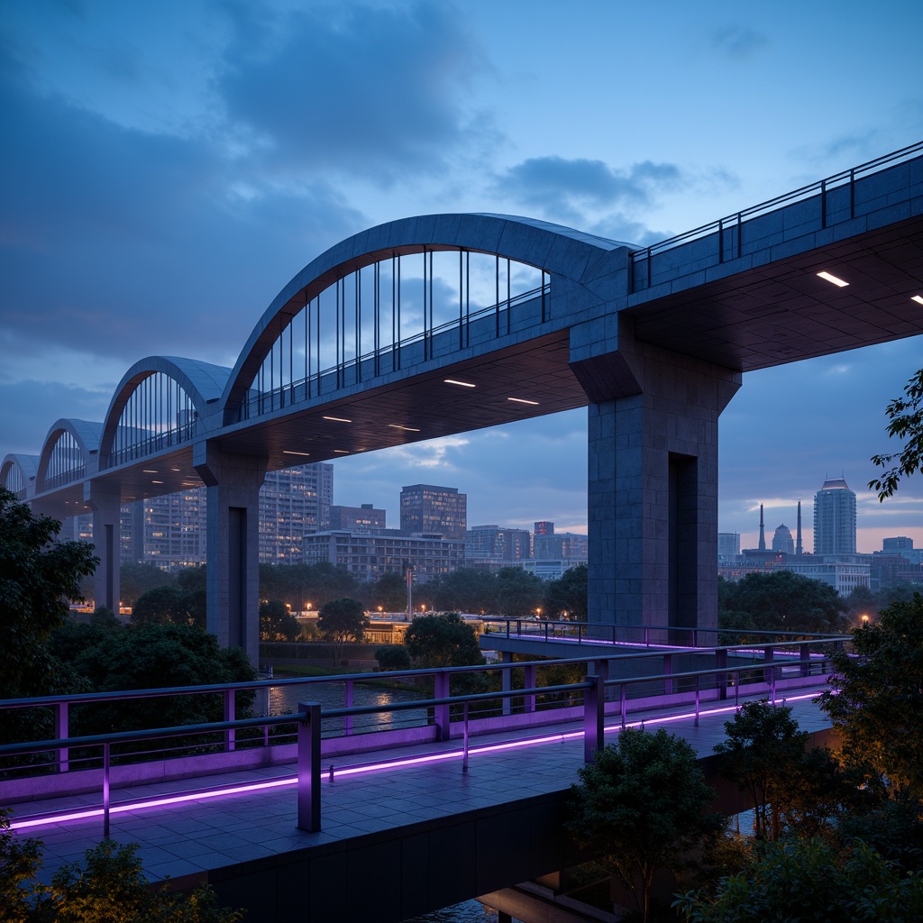 Prompt: Futuristic bridge architecture, sleek metal structures, neon-lit accents, vibrant LED lights, dark blues and purples, metallic silvers and chromes, high-gloss finishes, geometric patterns, angular lines, minimalist design, modern urban landscape, cityscape at dusk, misty atmosphere, soft warm lighting, shallow depth of field, 3/4 composition, panoramic view, realistic textures, ambient occlusion.