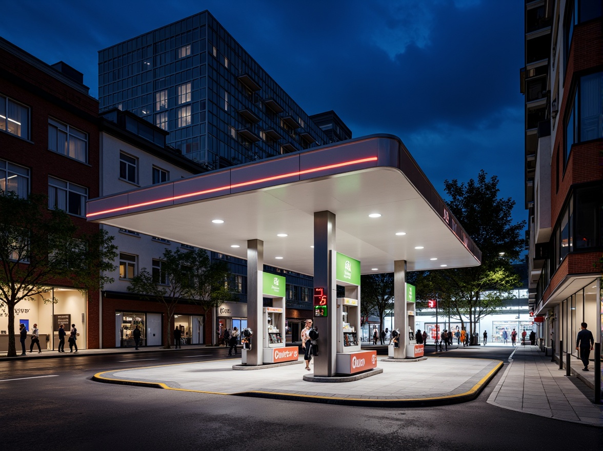 Prompt: Modern gas station, sleek metal canopy, LED lighting, stainless steel fuel pumps, concrete pavement, asphalt roads, urban landscape, busy streets, neon signage, bold color schemes, industrial materials, corrugated metal walls, glass fa\u00e7ade, minimalist design, functional layout, efficient traffic flow, safety features, emergency response systems, floodlighting, shallow depth of field, 1/1 composition, realistic textures, ambient occlusion.