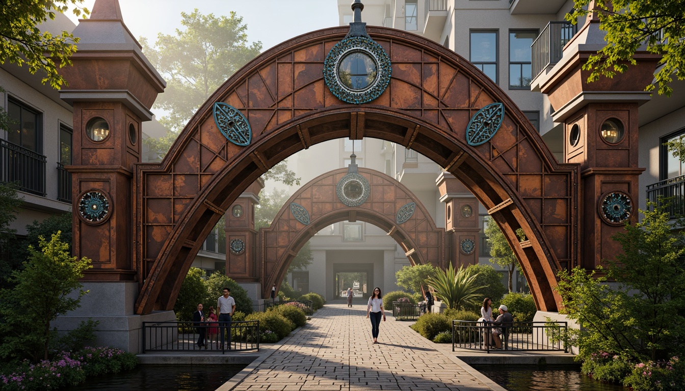 Prompt: Ornate pedestrian bridge, eclectic mix of materials, rusty metal beams, wooden planks, stone pillars, intricate ironwork, curved arches, ornamental lanterns, vibrant color scheme, bold geometric patterns, asymmetrical design, dynamic shapes, playful lighting fixtures, warm golden lighting, misty atmosphere, serene water reflections, lush greenery surroundings, natural stone walkways, 3/4 composition, shallow depth of field, realistic textures, ambient occlusion.