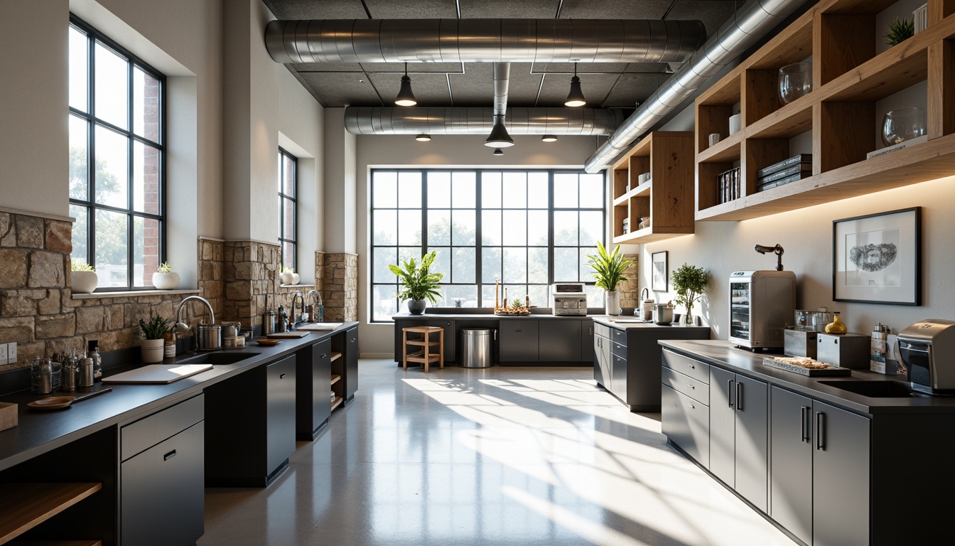 Prompt: Modern laboratory interior, sleek metal equipment, polished chrome surfaces, warm wooden accents, industrial-style lighting fixtures, exposed ductwork, minimalist decor, neutral color palette, contrasting textures, smooth glass countertops, rough stone walls, matte black cabinets, glossy white floors, natural light pouring in, soft shadows, 1/1 composition, realistic reflections, ambient occlusion.