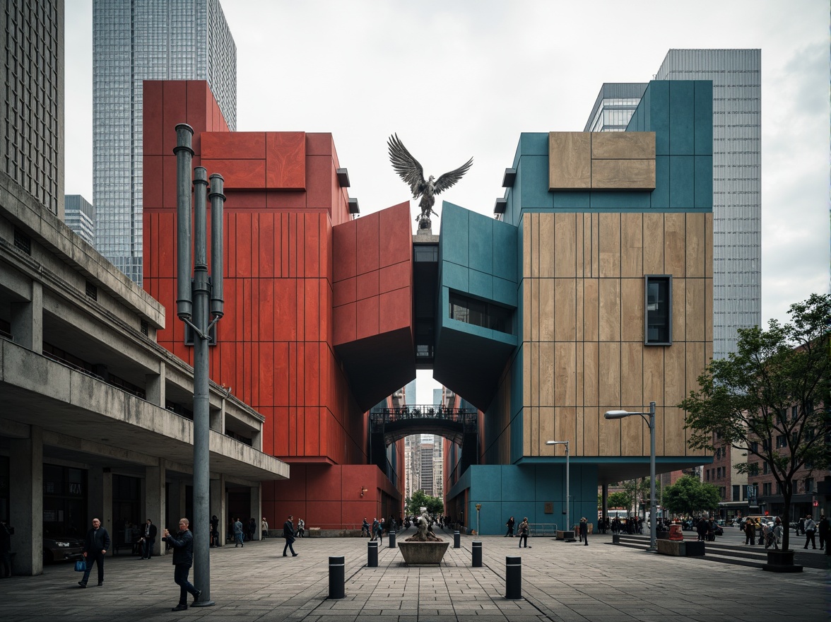 Prompt: Monumental constructivist building, geometric shapes, intersecting planes, bold colors, industrial materials, exposed pipes, metallic structures, abstract sculptures, urban cityscape, overcast sky, dramatic shadows, high-contrast lighting, 1/1 composition, symmetrical framing, futuristic atmosphere, brutalist textures, ambient occlusion.