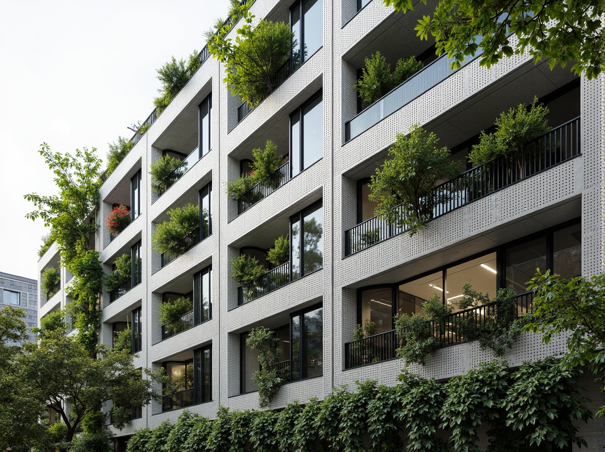 Prompt: Perforated building facade, natural ventilation, energy efficiency, sustainable architecture, modern urban design, green cityscape, lush vegetation, vertical gardens, living walls, breathable materials, metal mesh screens, geometric patterns, daylight harvesting, soft diffused lighting, 3/4 composition, shallow depth of field, realistic textures, ambient occlusion.