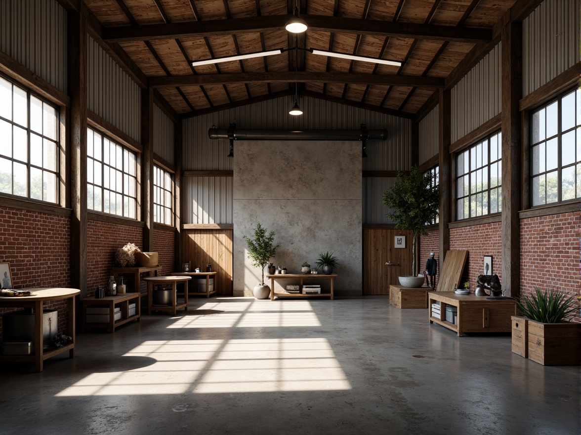 Prompt: Rustic workshop, exposed brick walls, metal cladding, industrial windows, corrugated roofing, distressed wood accents, steel beams, concrete floors, minimalist decor, functional lighting, urban landscape, gritty textures, high-contrast shadows, dramatic backlighting, 1/1 composition, symmetrical framing, bold color blocking, abstract geometric patterns.